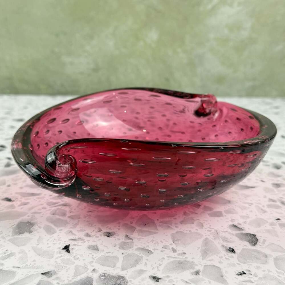 Murano Vintage Art Glass Pink Bullicante Controlled Bubble Ashtray
